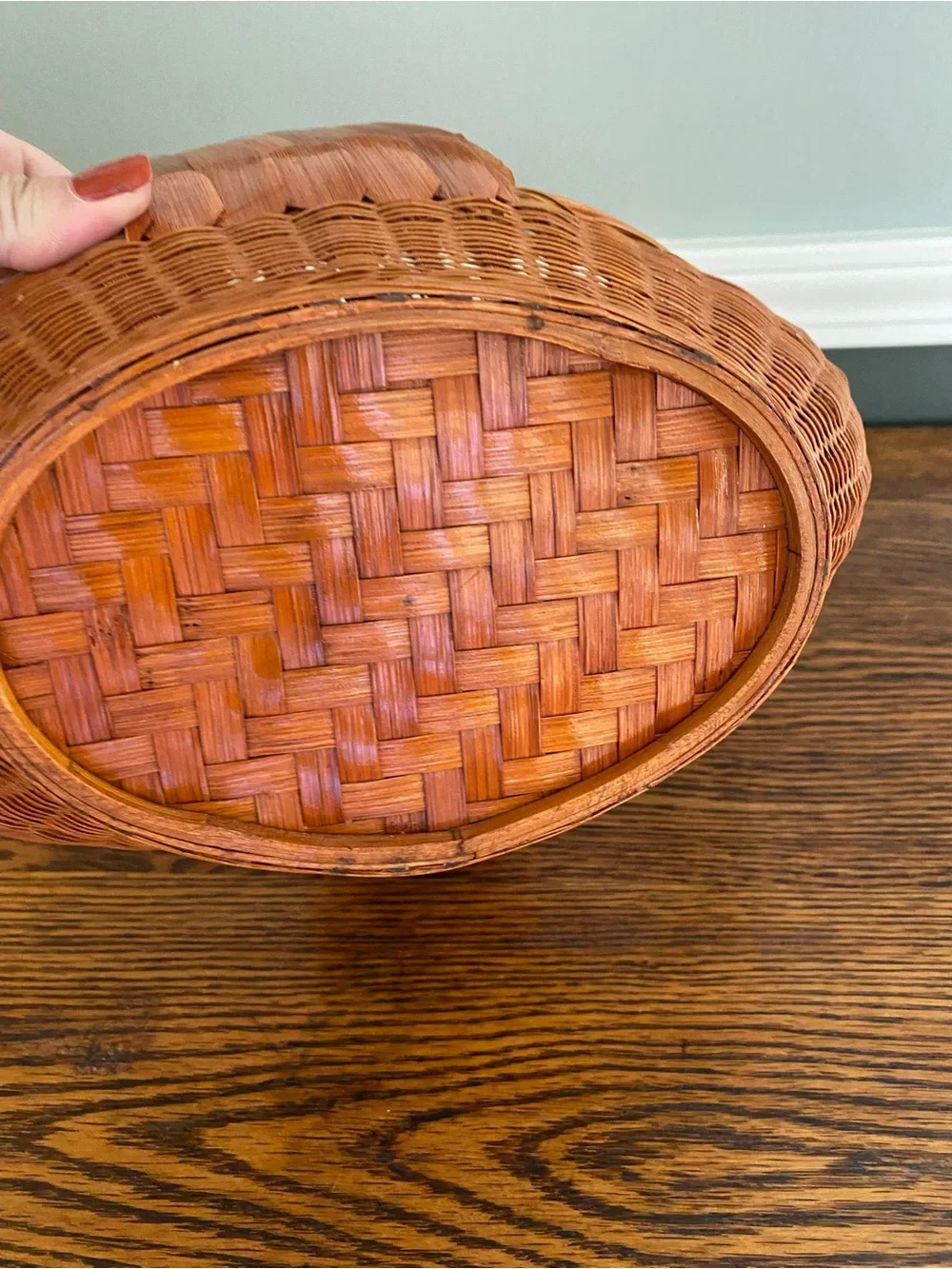 Vintage Woven Wicker Rattan Duck Basket Angled Neck Wood Beak Eyes